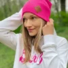 Czapka long logo ekoskórka "Neonowy różowy"