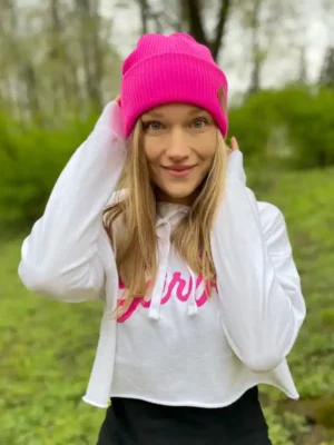 Czapka beanie logo ekoskórka "Neonowy różowy"