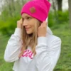 Czapka beanie logo ekoskórka "Neonowy różowy"