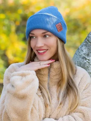 Czapka beanie logo ekoskórka "Brudny niebieski"
