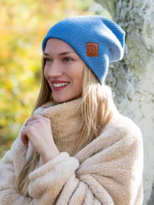 Czapka long logo ekoskórka "Brudny niebieski"