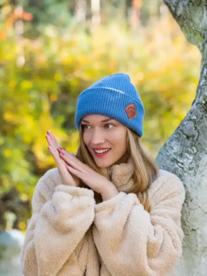 Czapka beanie logo ekoskórka "Brudny niebieski"