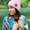 Bawełniana czapka beanie logo ekoskórka "Jasny różowy"