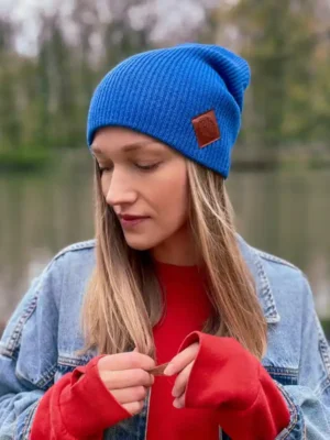 Czapka long logo ekoskórka "Niebieski"