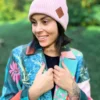 Bawełniana czapka beanie logo ekoskórka "Jasny różowy"