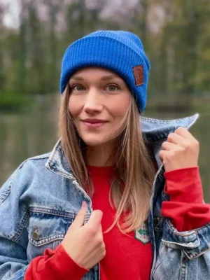 Czapka beanie logo ekoskórka "Niebieski"