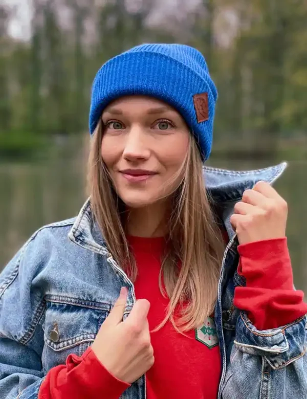 Czapka long logo ekoskórka "Niebieski"