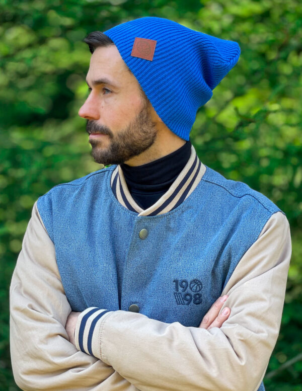 Męska czapka beanie logo ekoskórka "Niebieski"