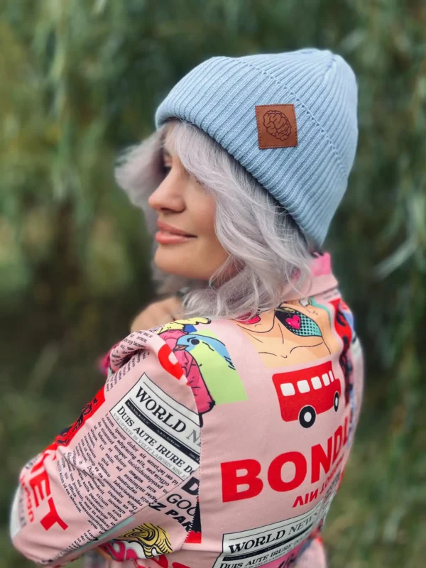 Bawełniana czapka beanie logo ekoskórka "Jasny niebieski"