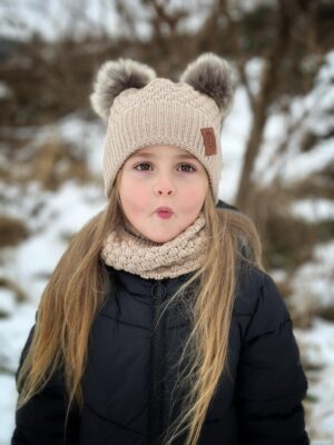 ZESTAW: bawełniana czapka dla dziecka z dwoma pomponami i komin "Beżowy"