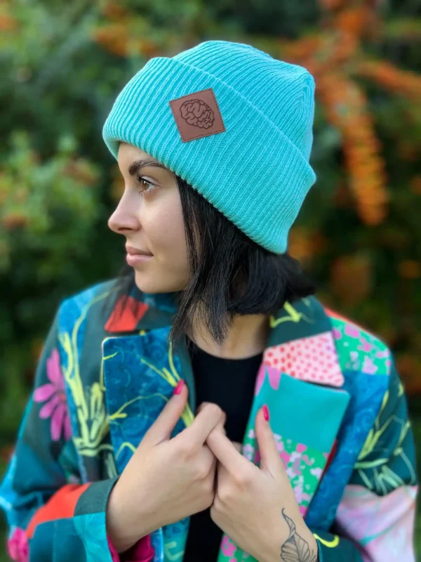 Czapka beanie logo ekoskórka "Jasny turkus"