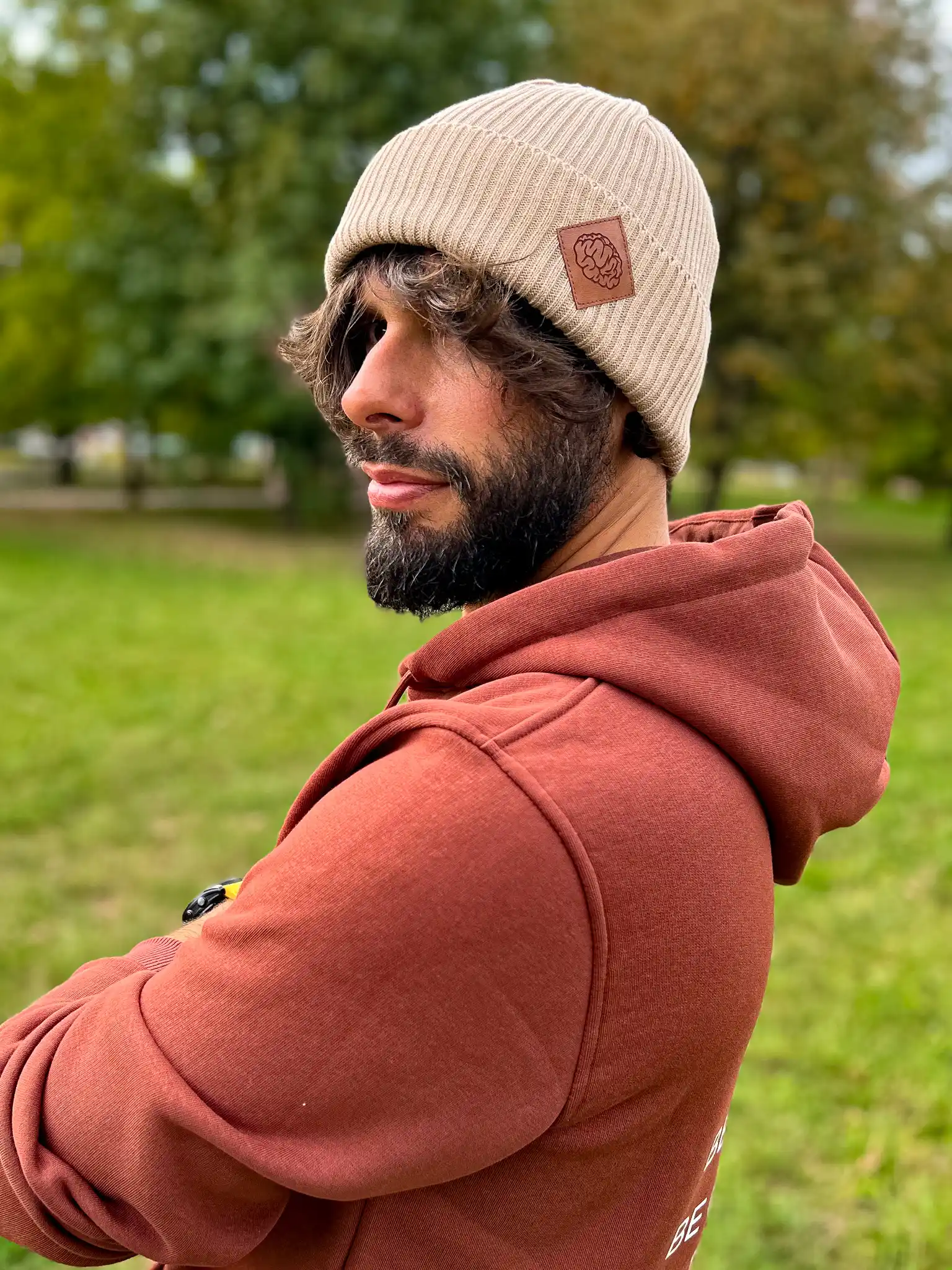 Męska bawełniana czapka beanie logo ekoskórka "Beżowy" 181 Męska złodziejka z bawełny, trwała i wygodna