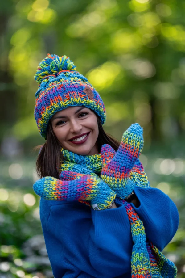 Czapka MERINO 50% ,,Tęcza błękit" EUFORIA