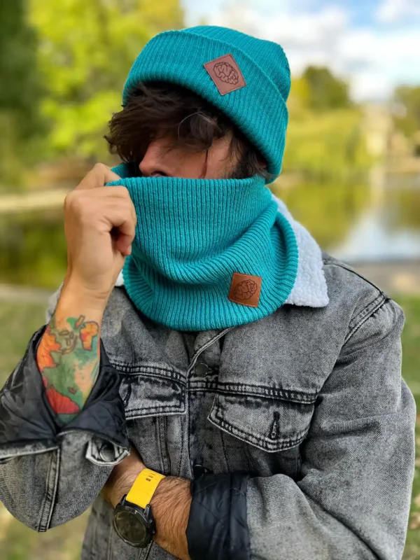 Męski zimowy BUFF logo ekoskórka "Turkus"