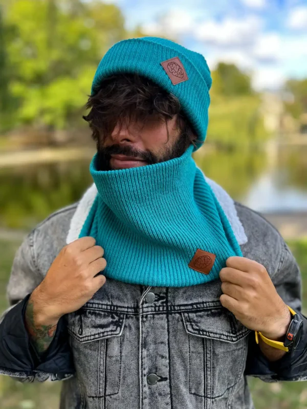 Męski zimowy BUFF logo ekoskórka "Turkus"