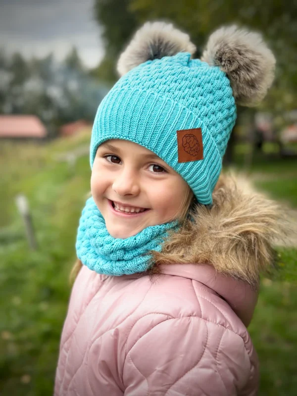 ZESTAW: bawełniana czapka dla dziecka z dwoma pomponami i komin "Turkus"