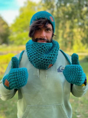 Męskie rękawiczki handmade ze sznureczkiem ,,Leśny zielony"