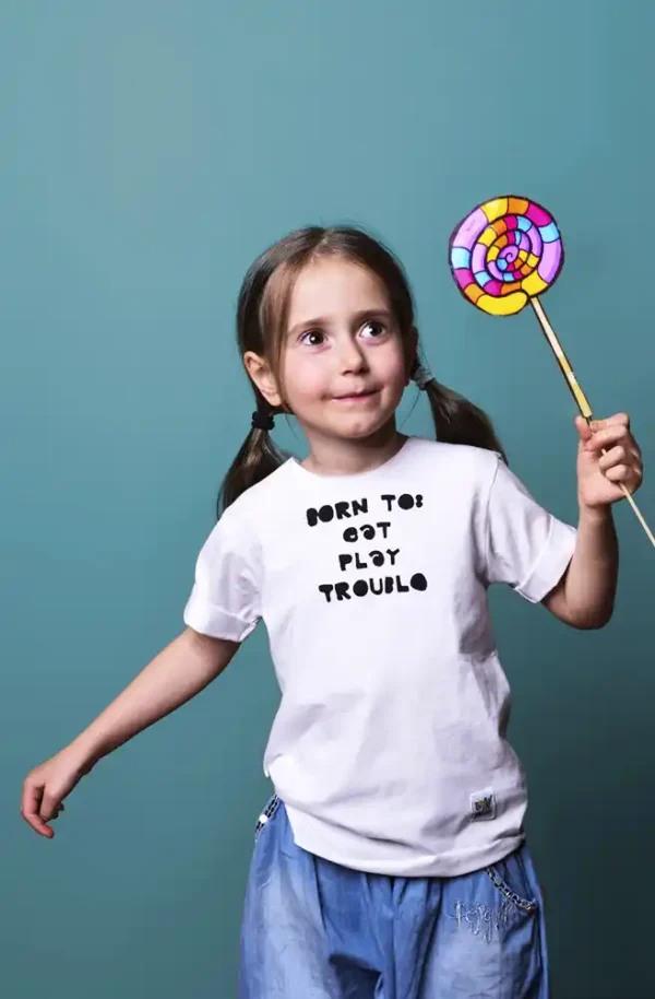 Koszulka dla dziecka biała Bron to: eat play trouble