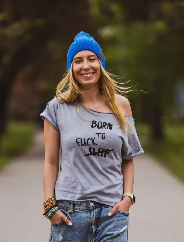Szary t-shirt z napisem Born to fuck