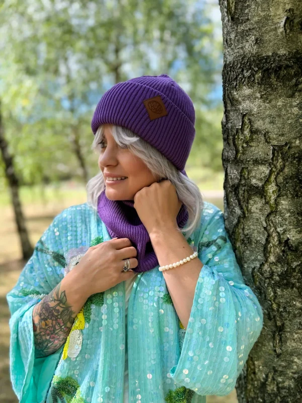 Bawełniana czapka beanie logo ekoskórka "Fiolet"