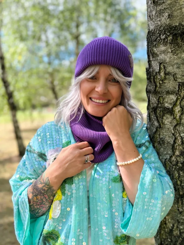Bawełniana czapka beanie logo ekoskórka "Fiolet"