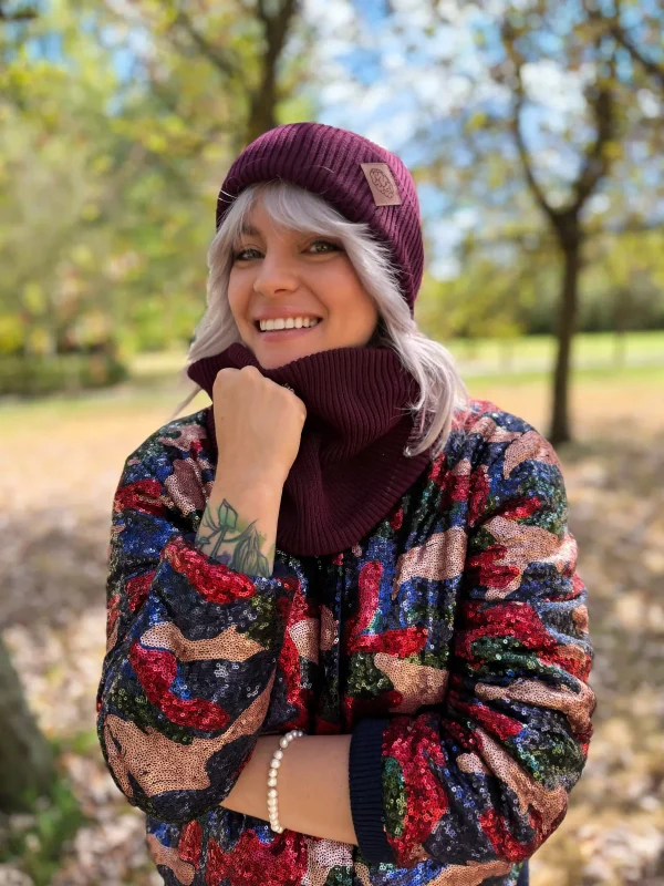 Bawełniana czapka beanie logo ekoskórka "Bordo"