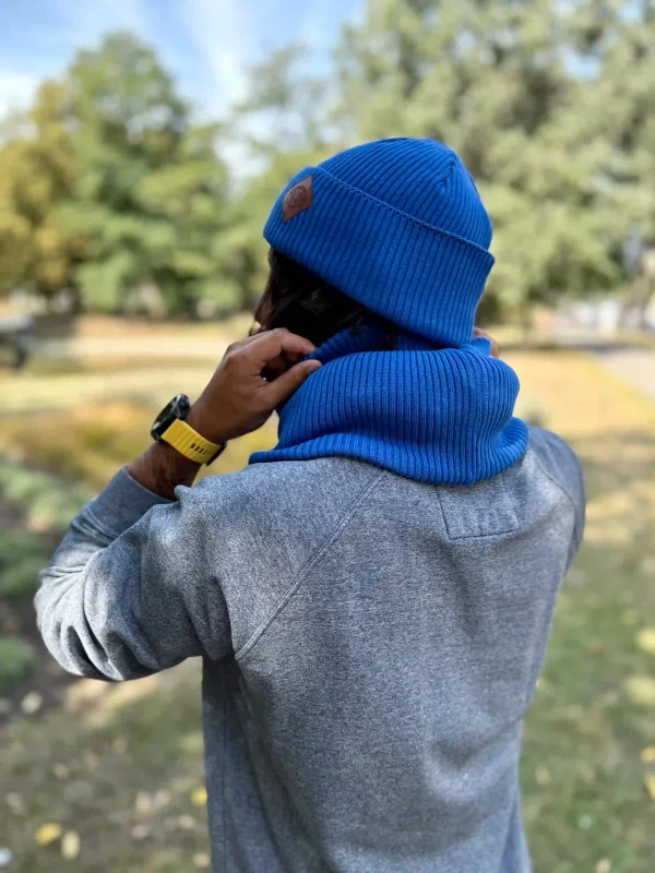 Męska bawełniana czapka beanie logo ekoskórka "Niebieski"