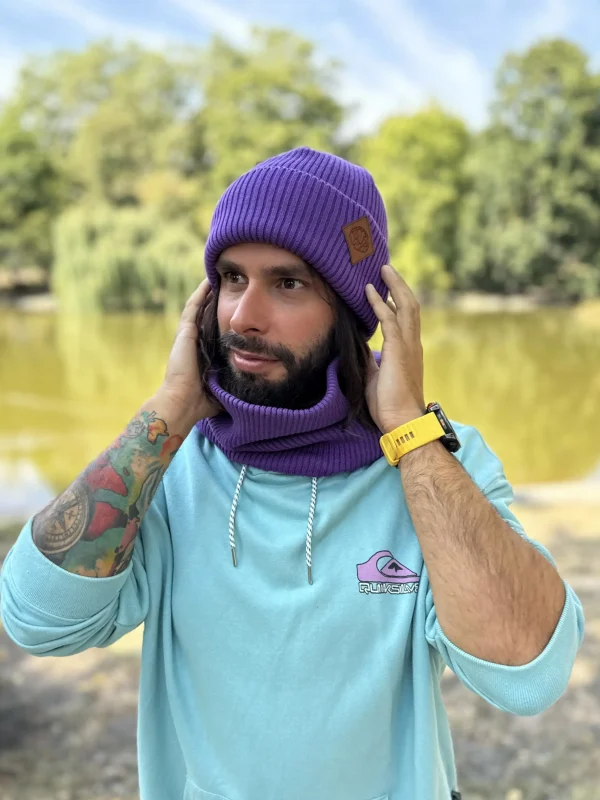 Męska bawełniana czapka beanie logo ekoskórka "Fiolet"