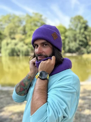 Męska bawełniana czapka beanie logo ekoskórka "Fiolet"