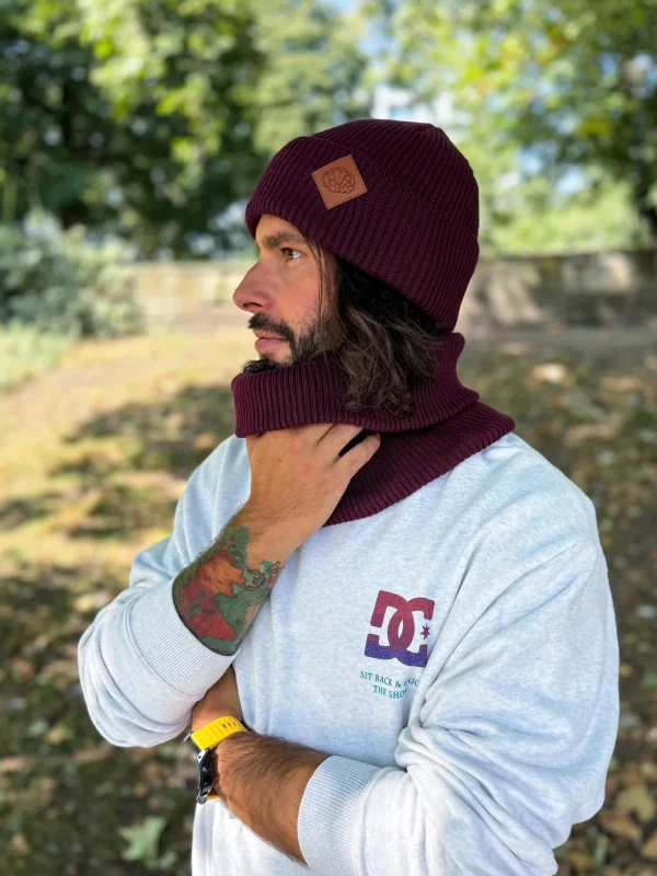 Męska bawełniana czapka beanie logo ekoskórka "Bordo"