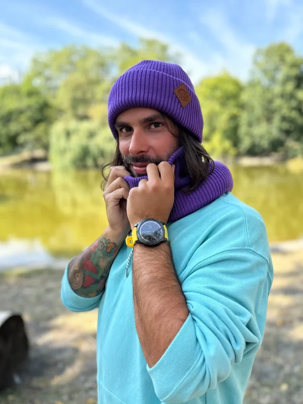 Męska bawełniana czapka beanie logo ekoskórka "Fiolet"