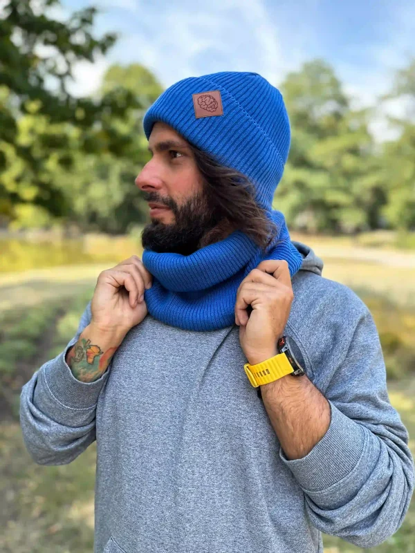 Męska bawełniana czapka beanie logo ekoskórka "Niebieski"