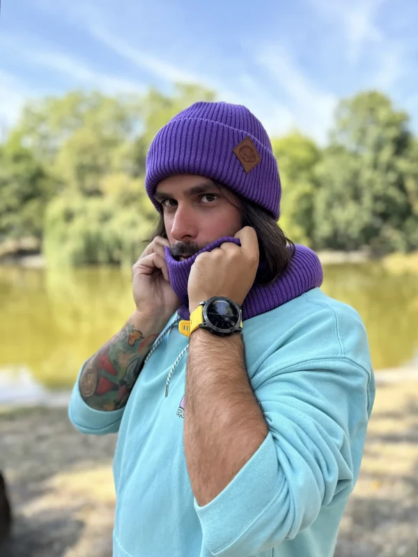Męska bawełniana czapka beanie logo ekoskórka "Fiolet"