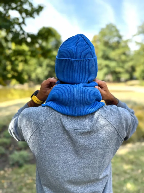 Męska bawełniana czapka beanie logo ekoskórka "Niebieski"