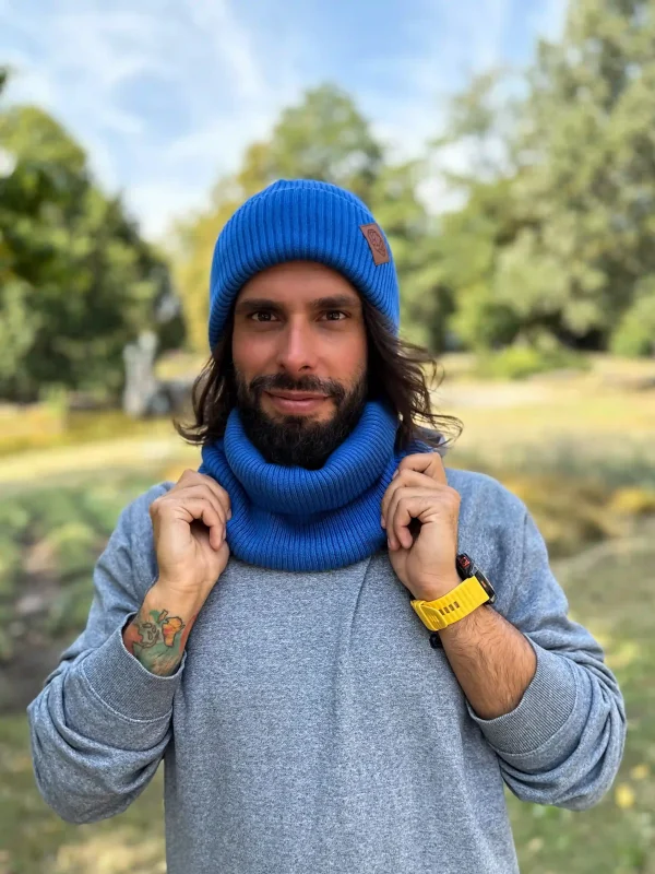 Męska bawełniana czapka beanie logo ekoskórka "Niebieski"