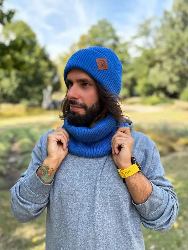 Męska bawełniana czapka beanie logo ekoskórka "Niebieski"