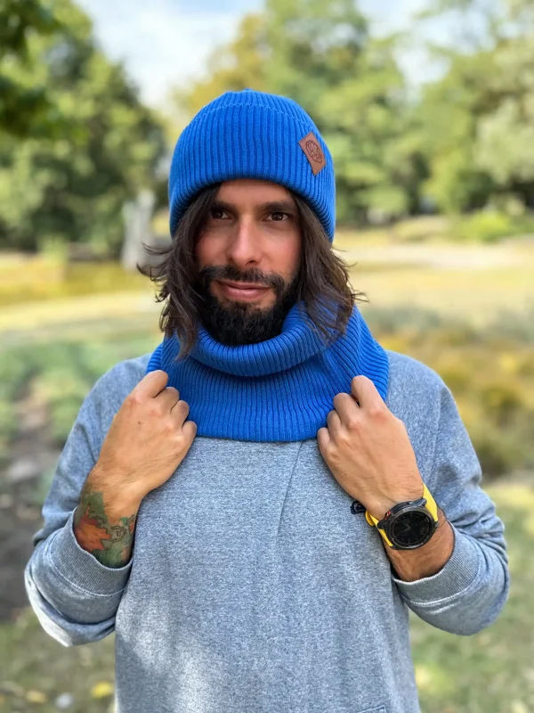 Męska bawełniana czapka beanie logo ekoskórka "Niebieski"