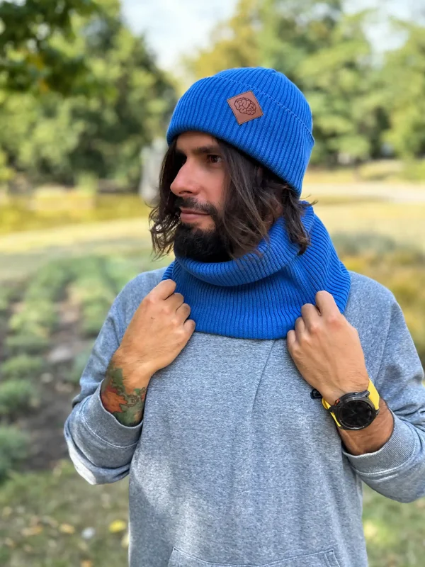 Męska bawełniana czapka beanie logo ekoskórka "Niebieski"