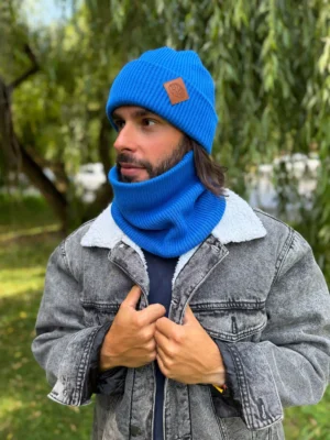 Męska czapka beanie logo ekoskórka "Niebieski"