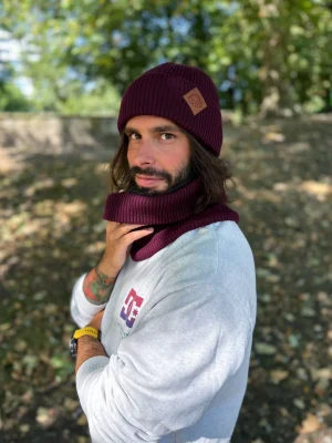 Męska bawełniana czapka beanie logo ekoskórka "Bordo"