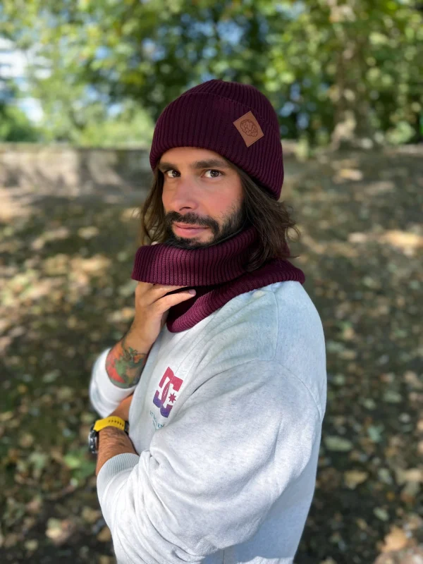 Męska bawełniana czapka beanie logo ekoskórka "Bordo"