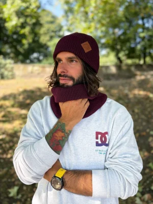 Męska bawełniana czapka beanie logo ekoskórka "Bordo"