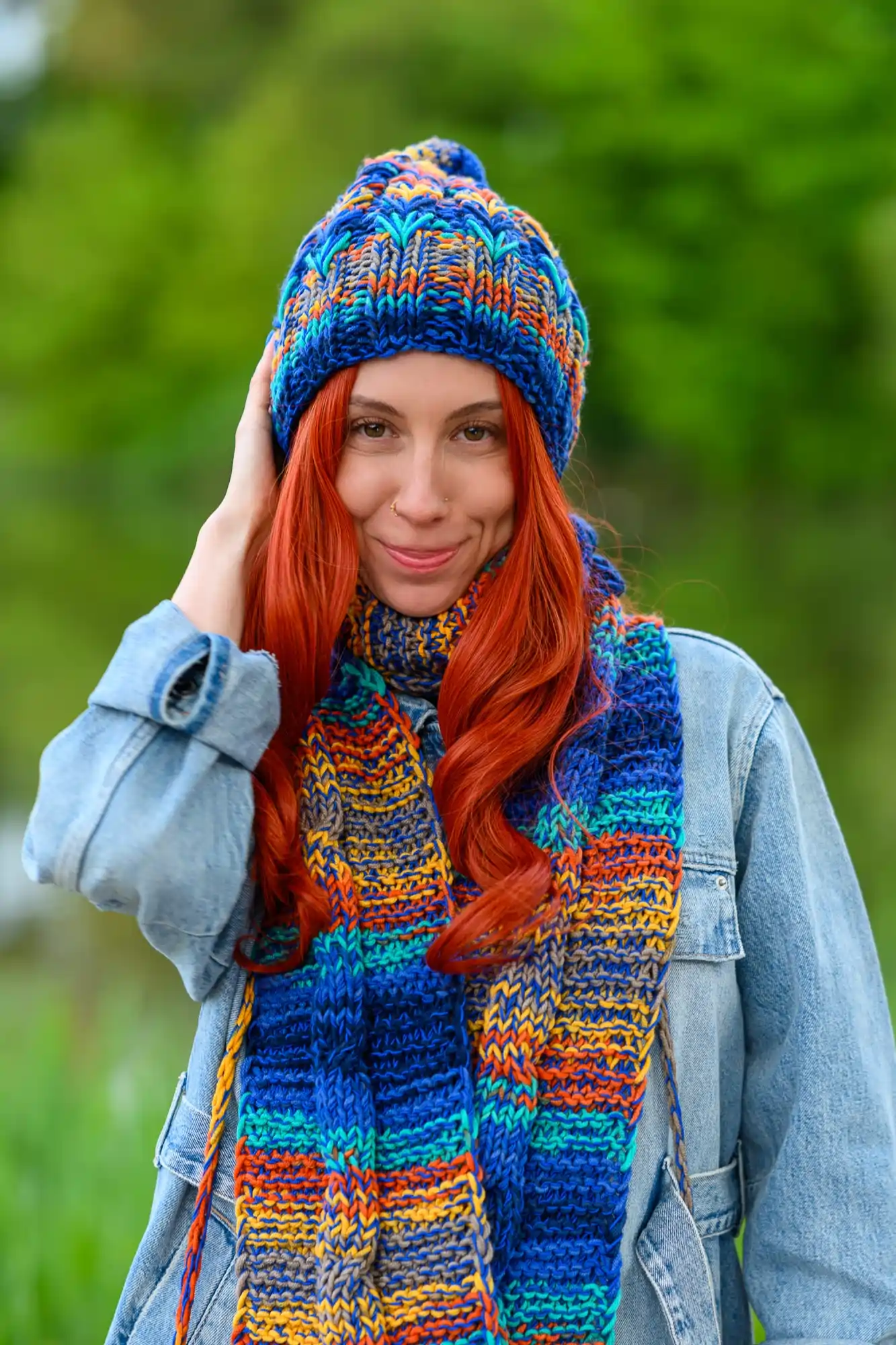 Czapka MERINO 50% "Górski potok" SMILE 20 szal damski handmade