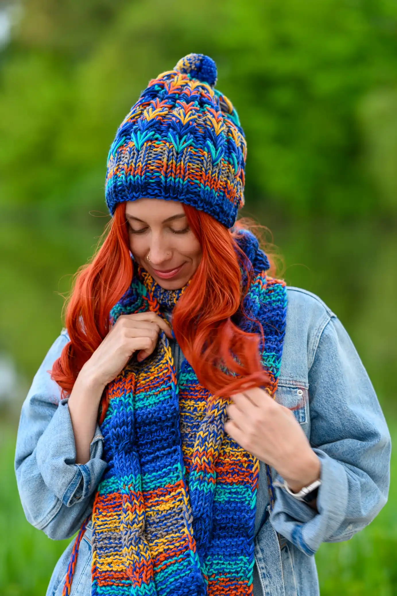 Czapka MERINO 50% "Górski potok" SMILE 16 szal handmade damski