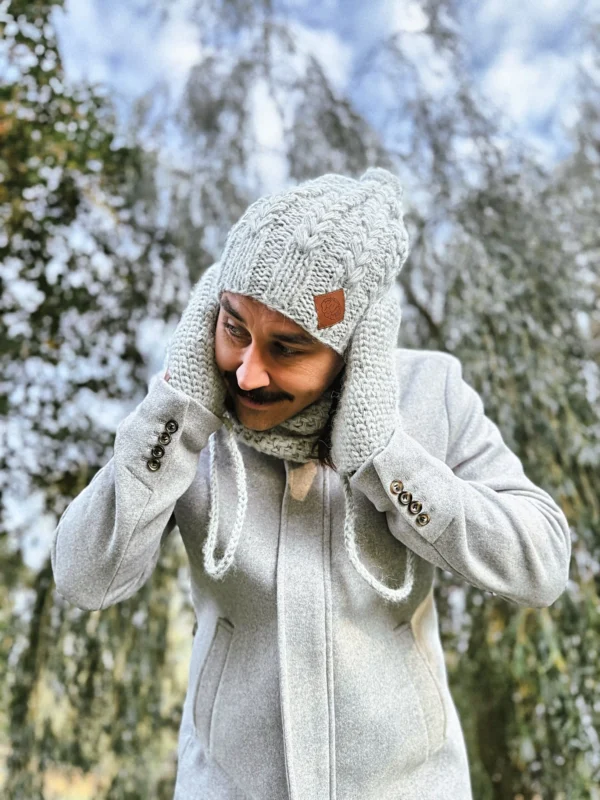Męska czapka MERINO Smile "Wybielony szary" + podszewka JEDWAB