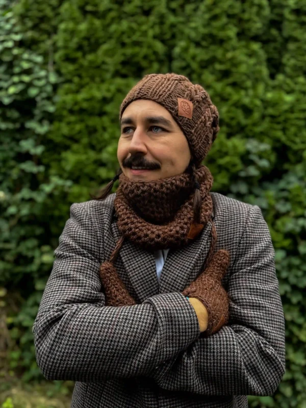 Męska czapka MERINO Smile "Brąz" + podszewka JEDWAB