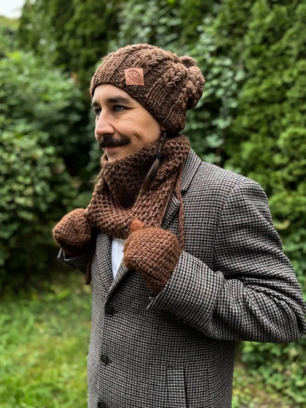 Męska czapka MERINO Smile "Brąz" + podszewka JEDWAB