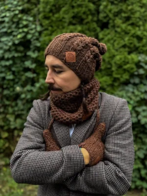 Męska czapka MERINO Smile "Brąz" + podszewka JEDWAB