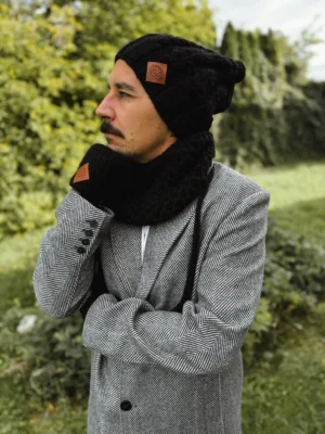 Męska czapka MERINO Smile "Czarny" + podszewka JEDWAB