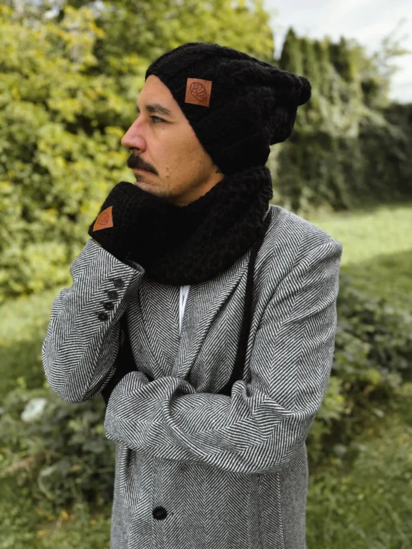 Męska czapka MERINO Smile "Czarny" + podszewka JEDWAB
